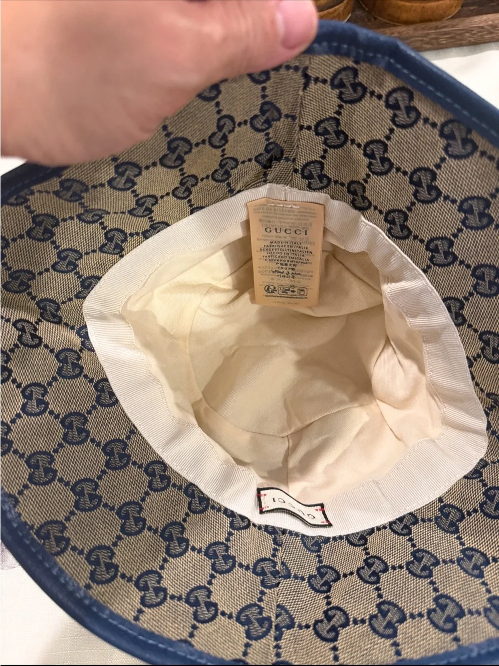 Gucci Beige and Navy GG Monogram Bucket Hat with Gold Double-G